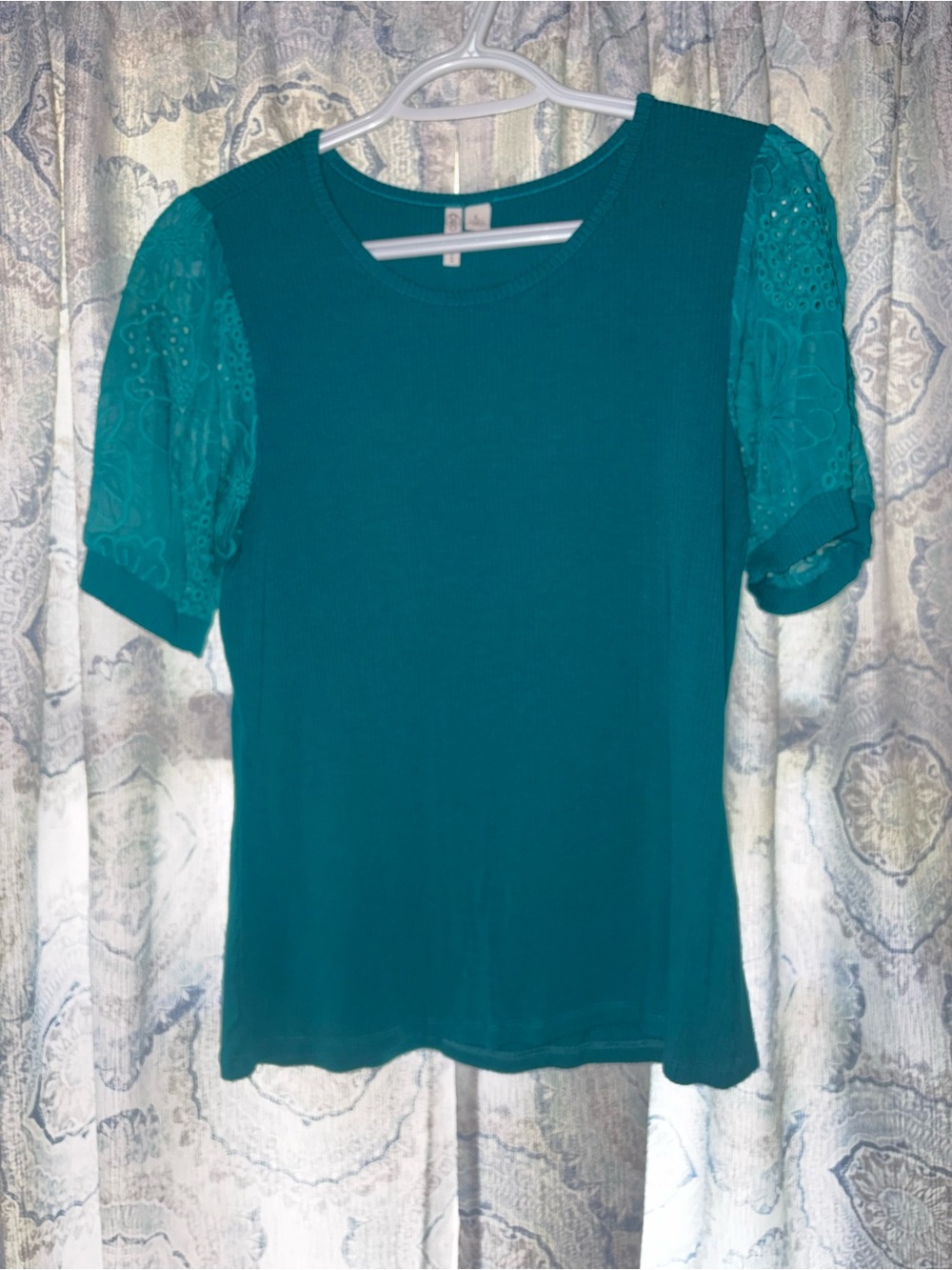Cato Teal Short Sleeve Scoop Neck Top with Lace Eyelet Sleeves